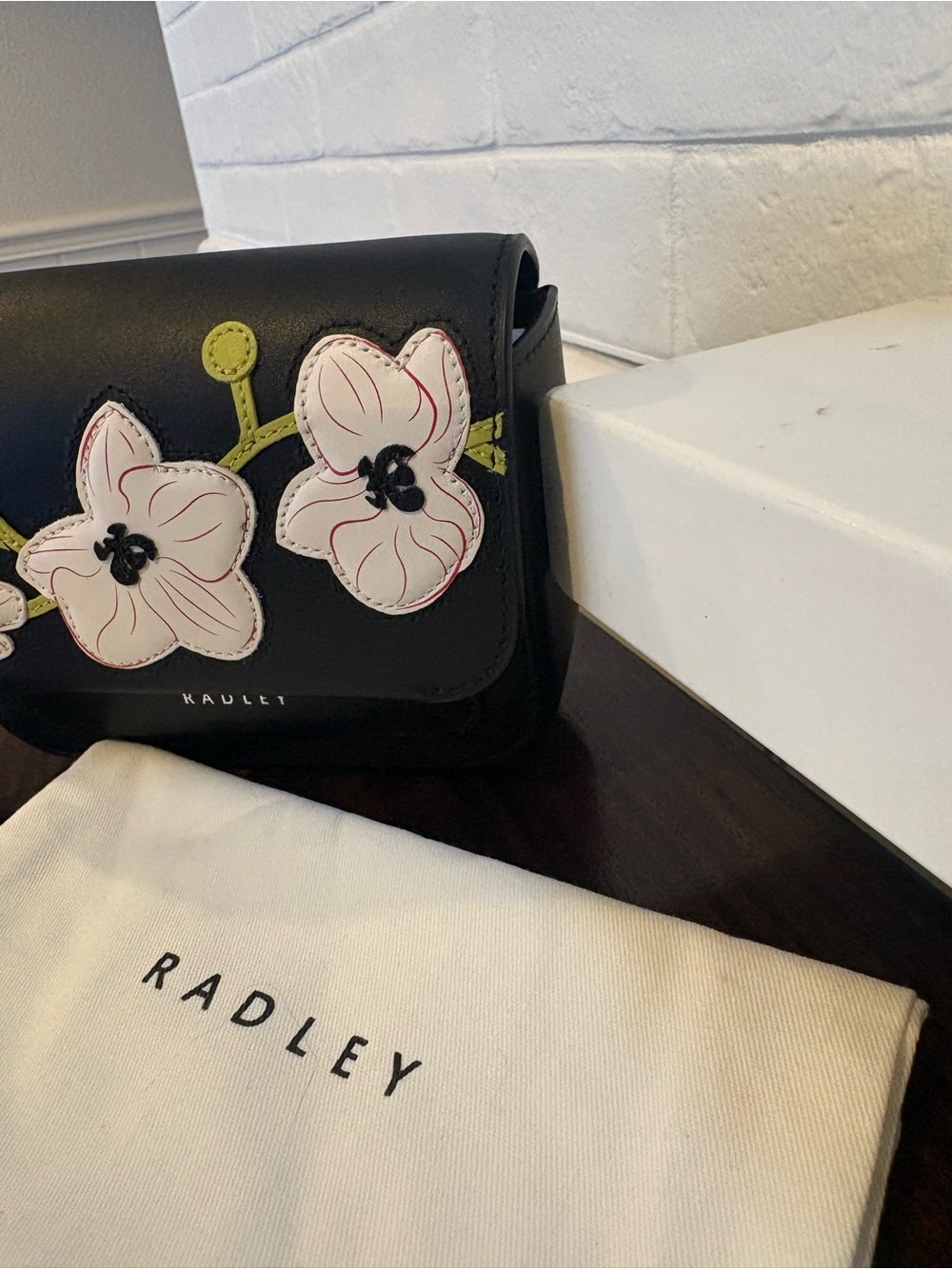 NWT RADLEY LONDON Black Crossbody Bag with white/ Pink Floral Appliques - Picture 9 of 9